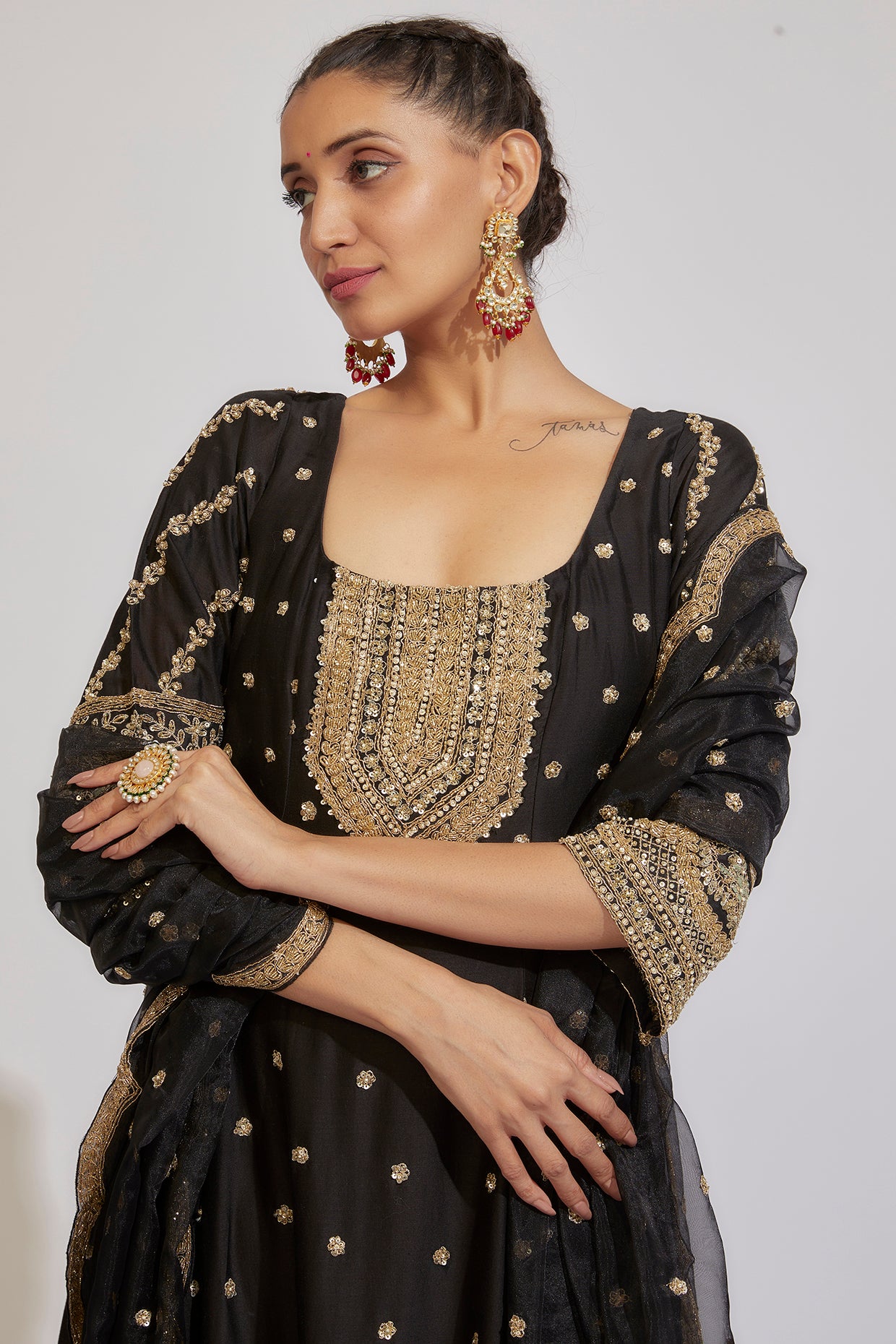 black chanderi embroidered anarkali set
