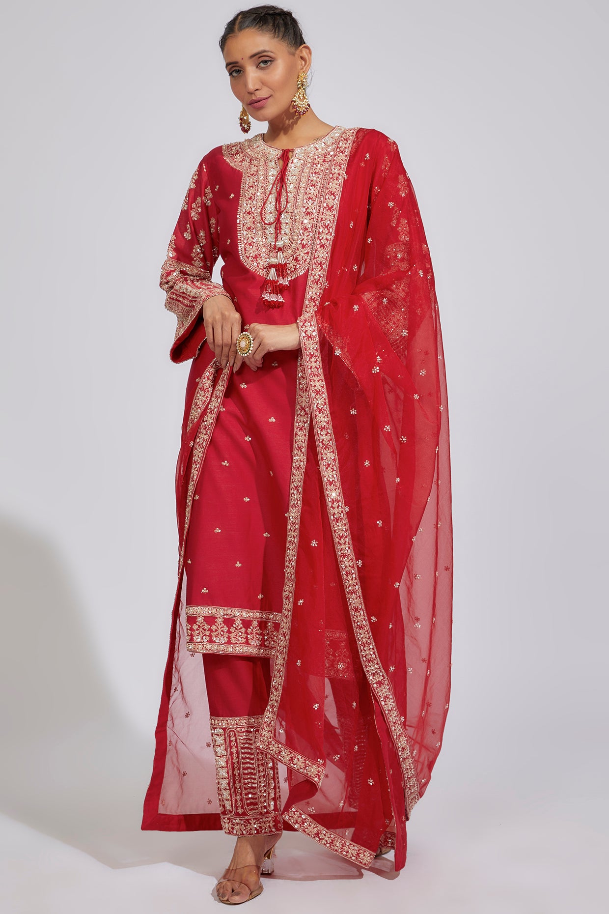 Red Chanderi Embroidered Kurta Set