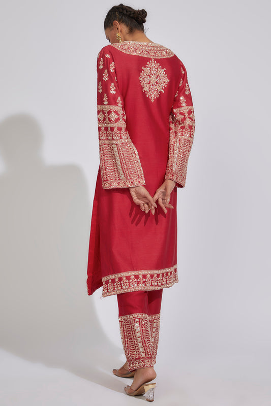 Red Chanderi Embroidered Kurta Set