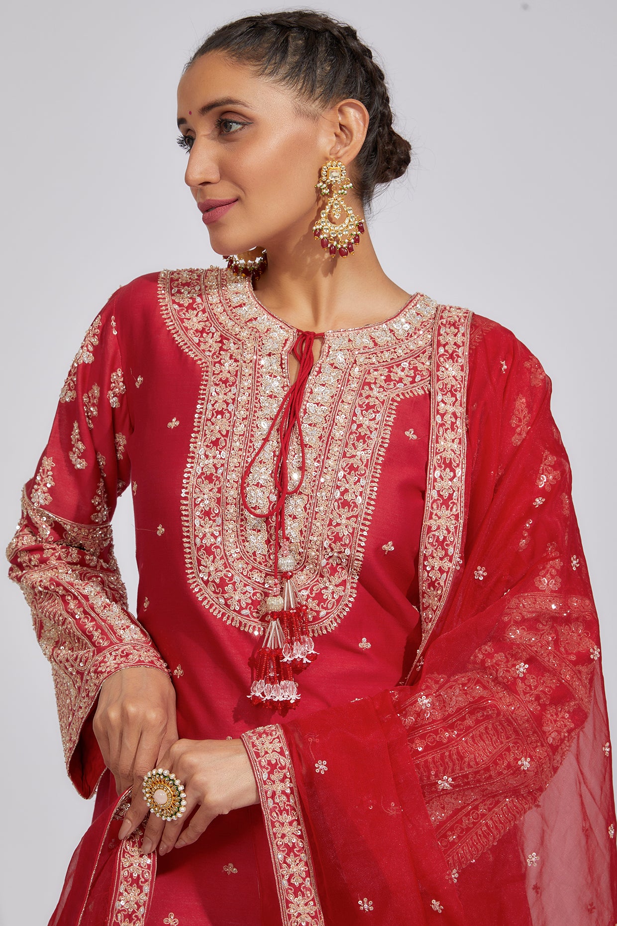 Red Chanderi Embroidered Kurta Set