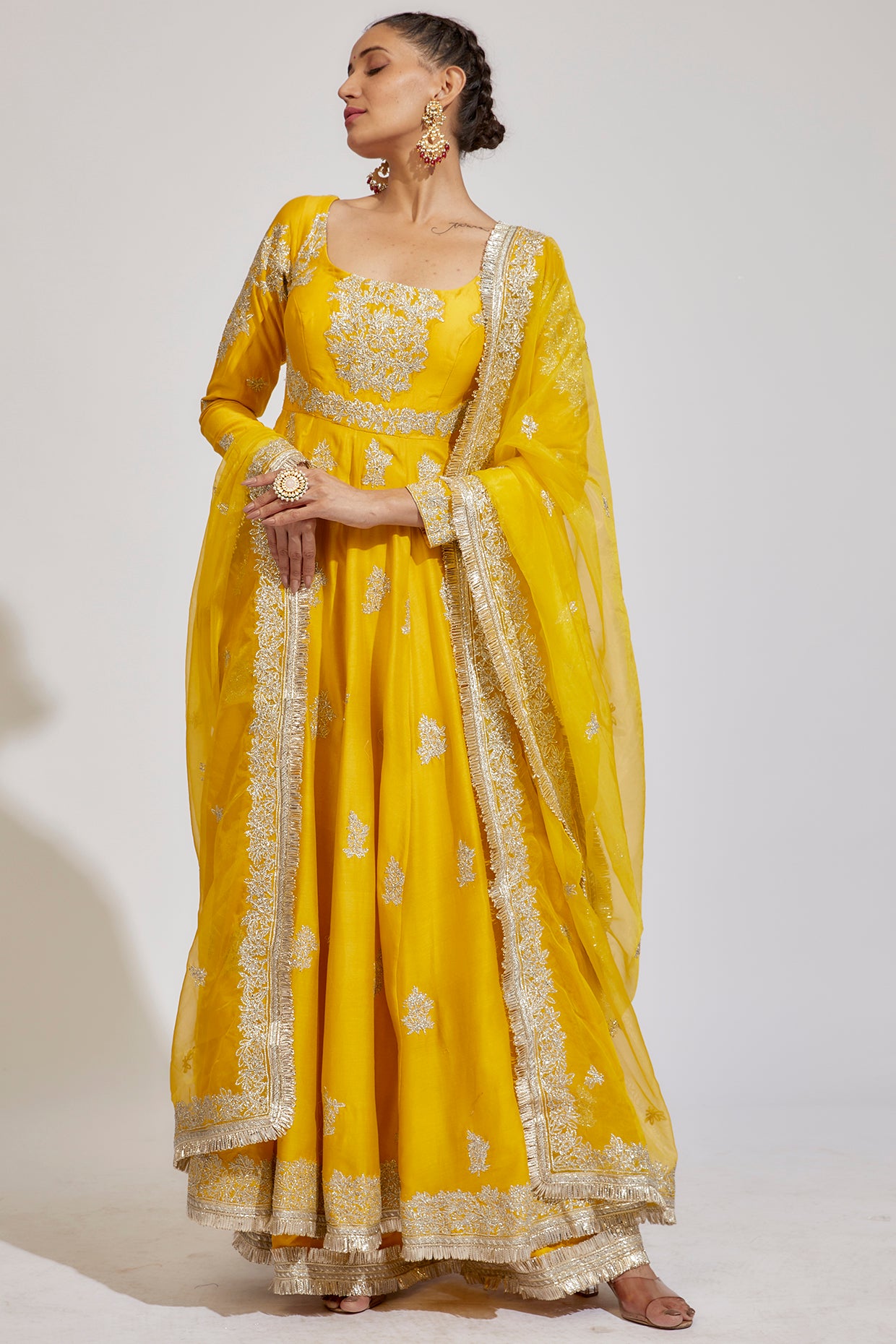 yellow chanderi embroidered anarkali set