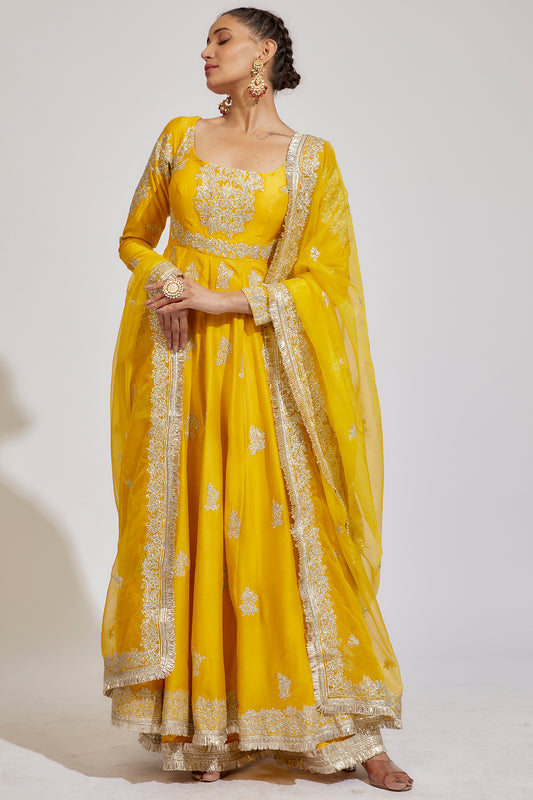 yellow chanderi embroidered anarkali set