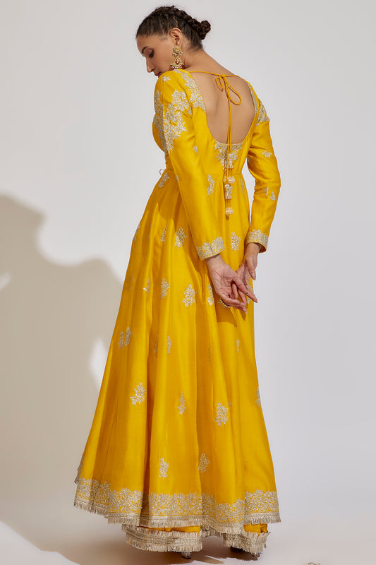yellow chanderi embroidered anarkali set