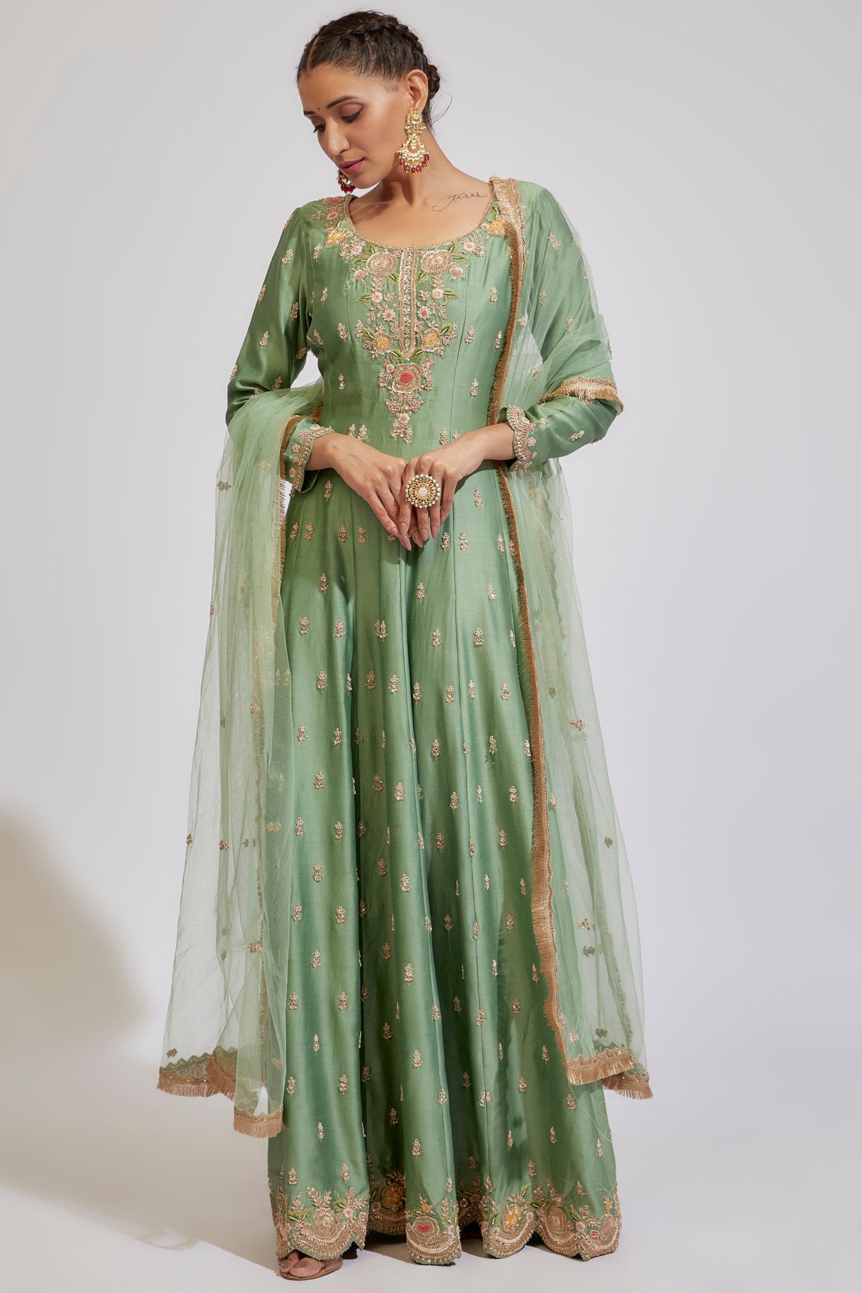 green chanderi embroidered anarkali set