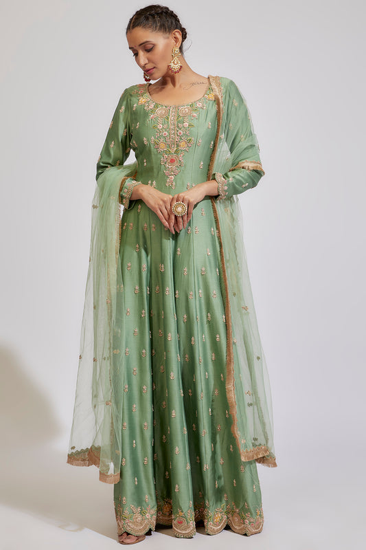 green chanderi embroidered anarkali set