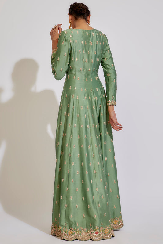 green chanderi embroidered anarkali set