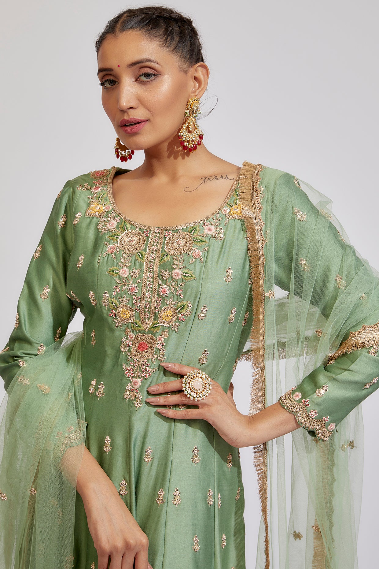 green chanderi embroidered anarkali set