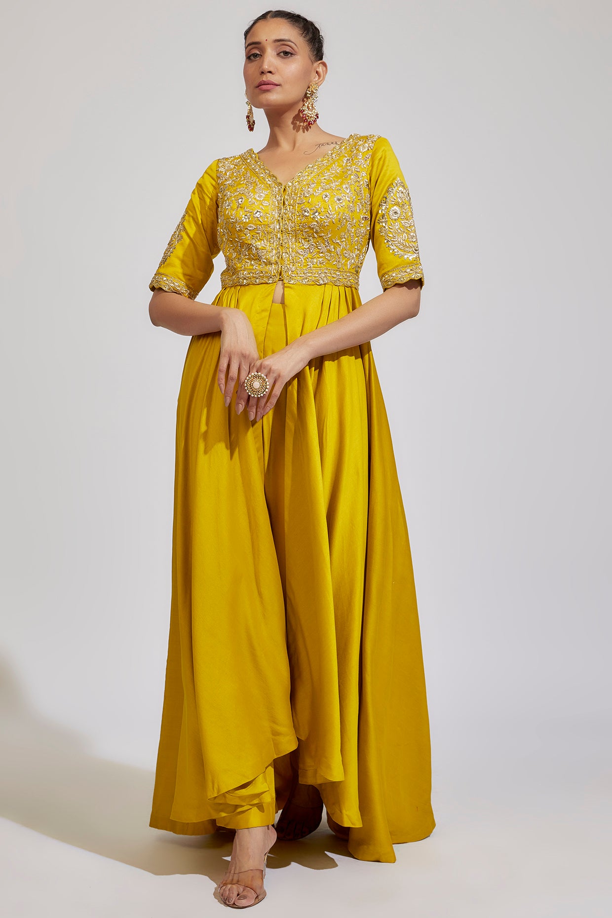 yellow chanderi embroidered anarkali set