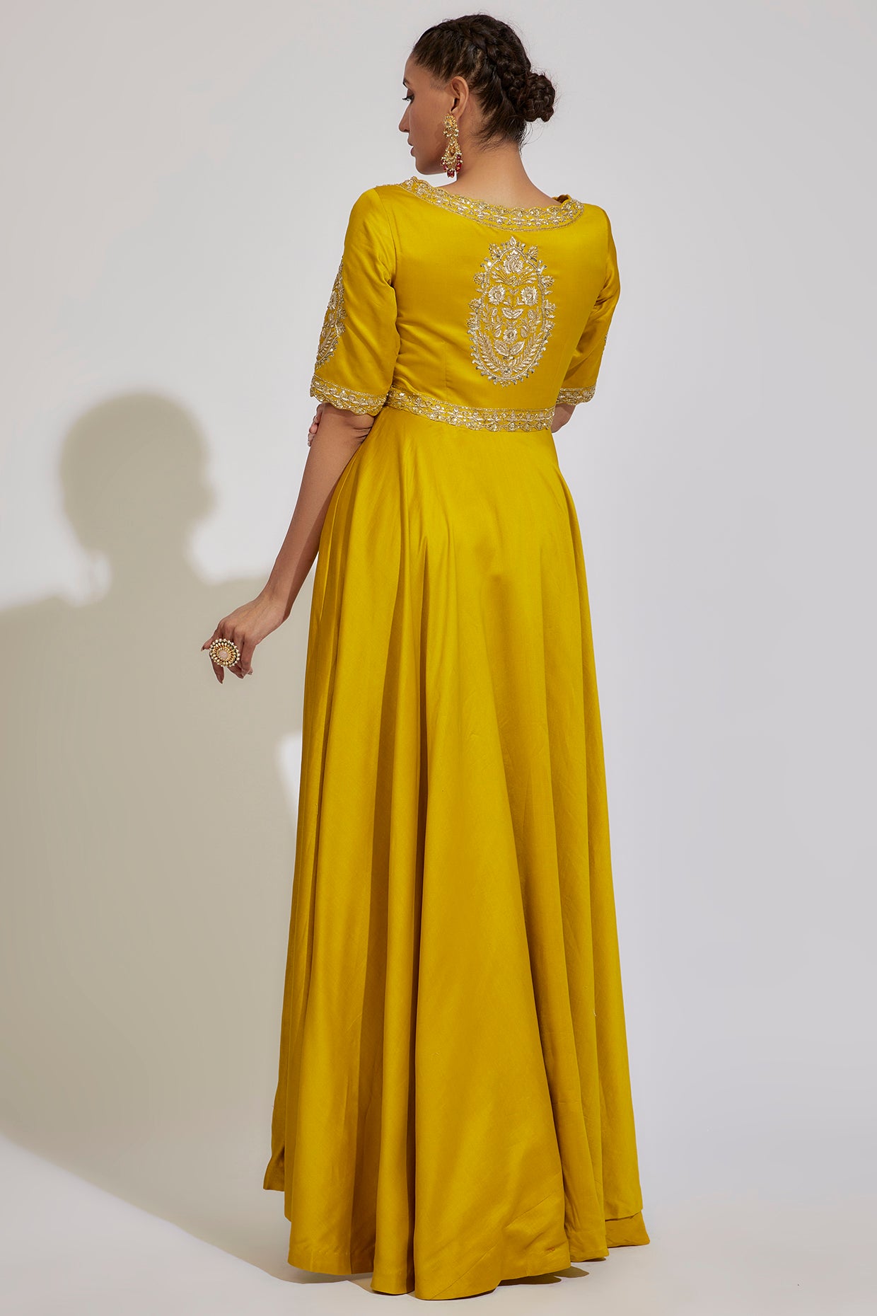 yellow chanderi embroidered anarkali set