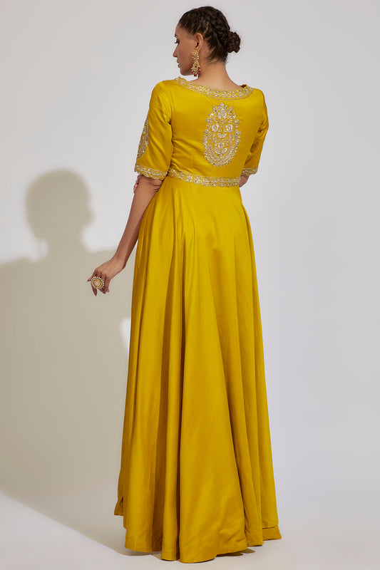 yellow chanderi embroidered anarkali set