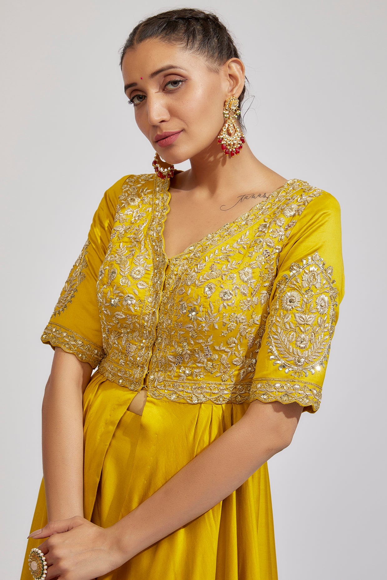 yellow chanderi embroidered anarkali set