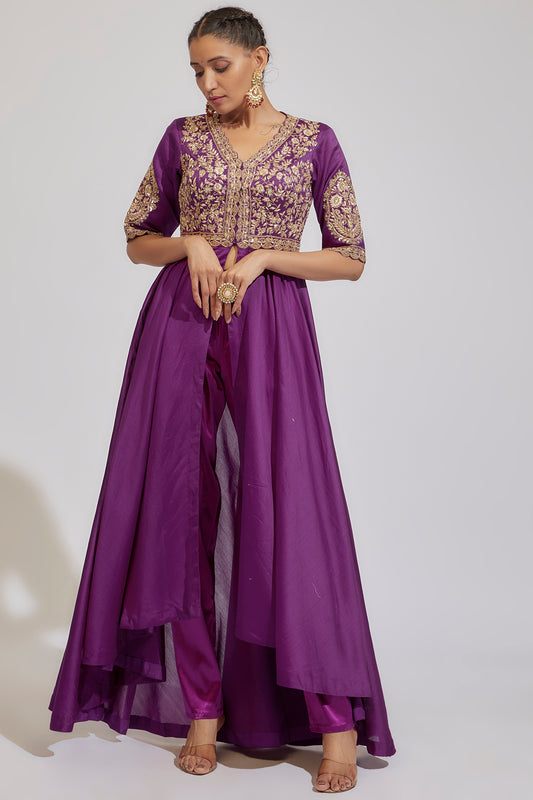 purple chanderi embroidered anarkali set