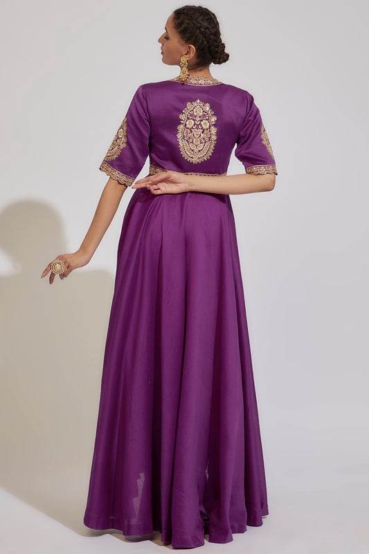 purple chanderi embroidered anarkali set