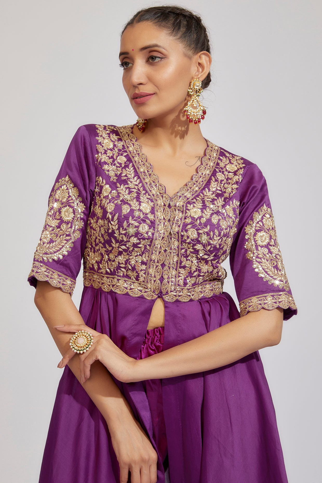purple chanderi embroidered anarkali set