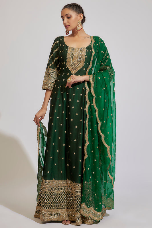 green chanderi embroidered anarkali set
