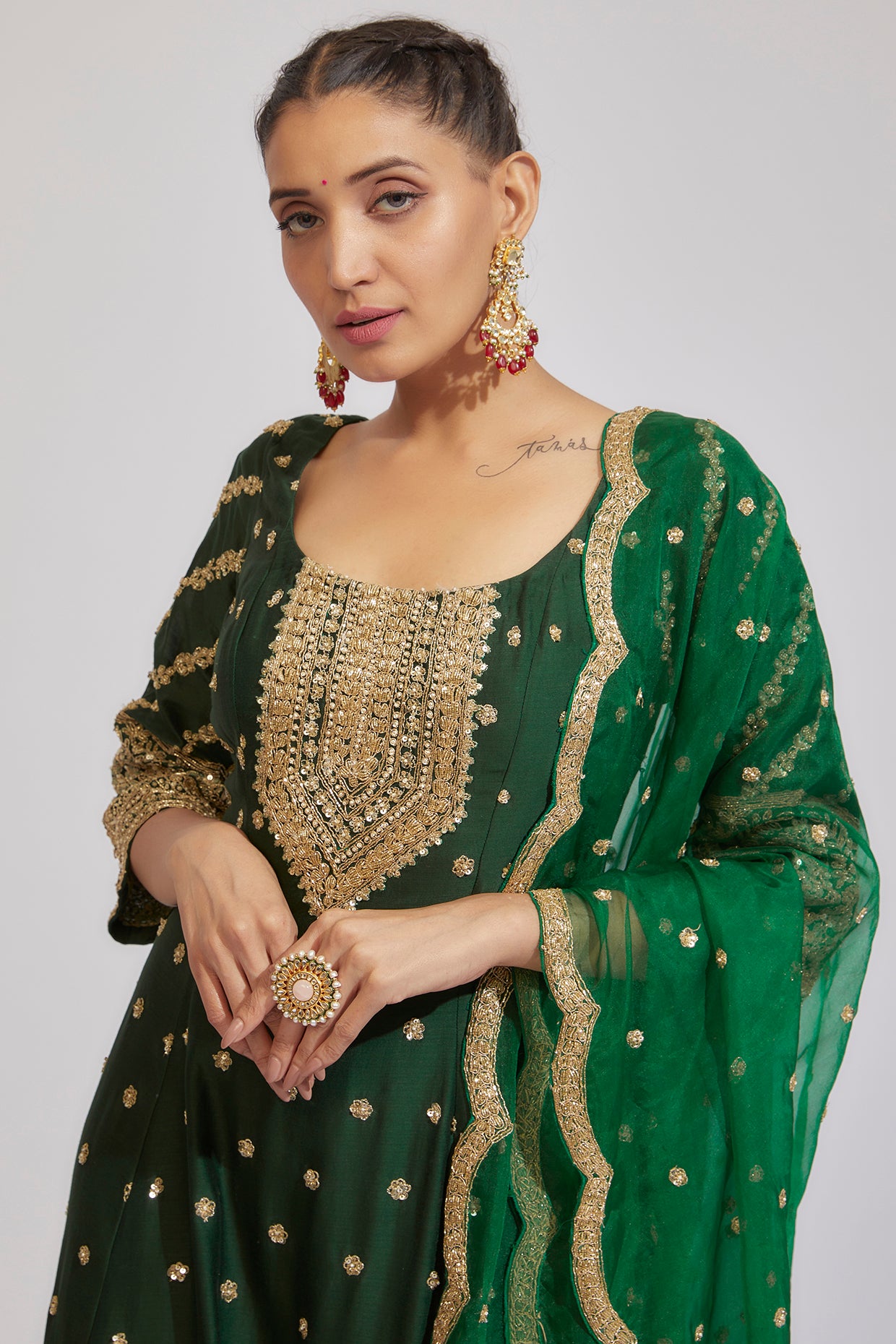 green chanderi embroidered anarkali set
