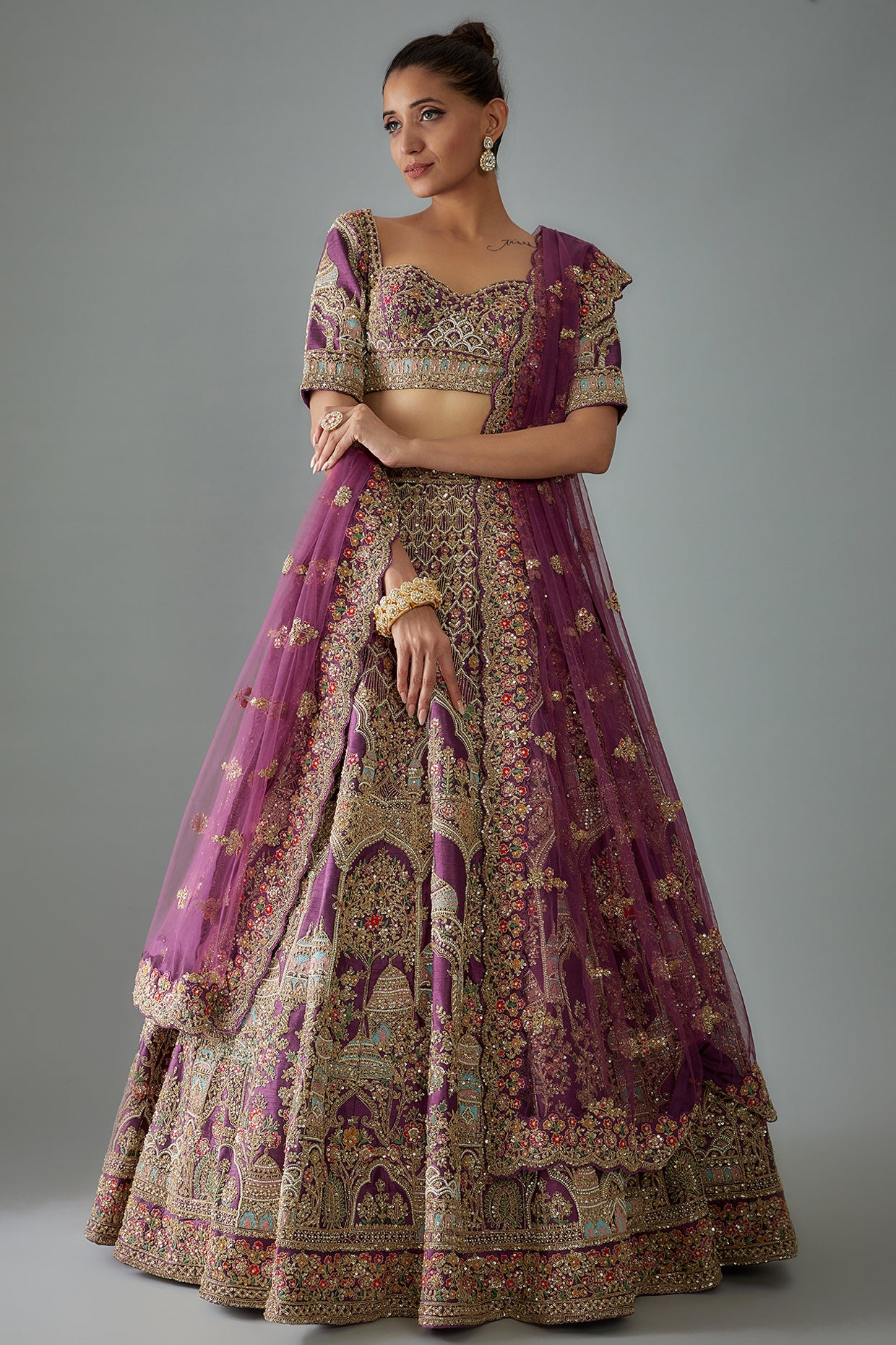 purple raw silk hand embroidered lehenga set