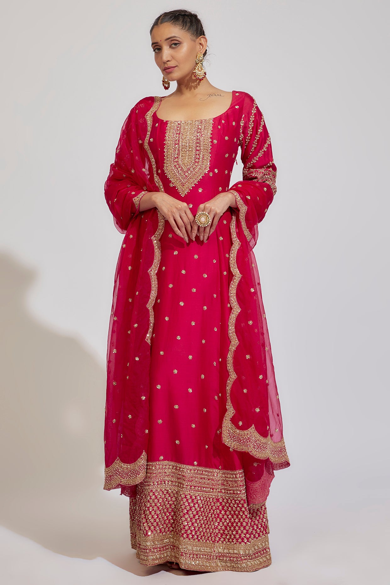 pink chanderi embroidered anarkali set