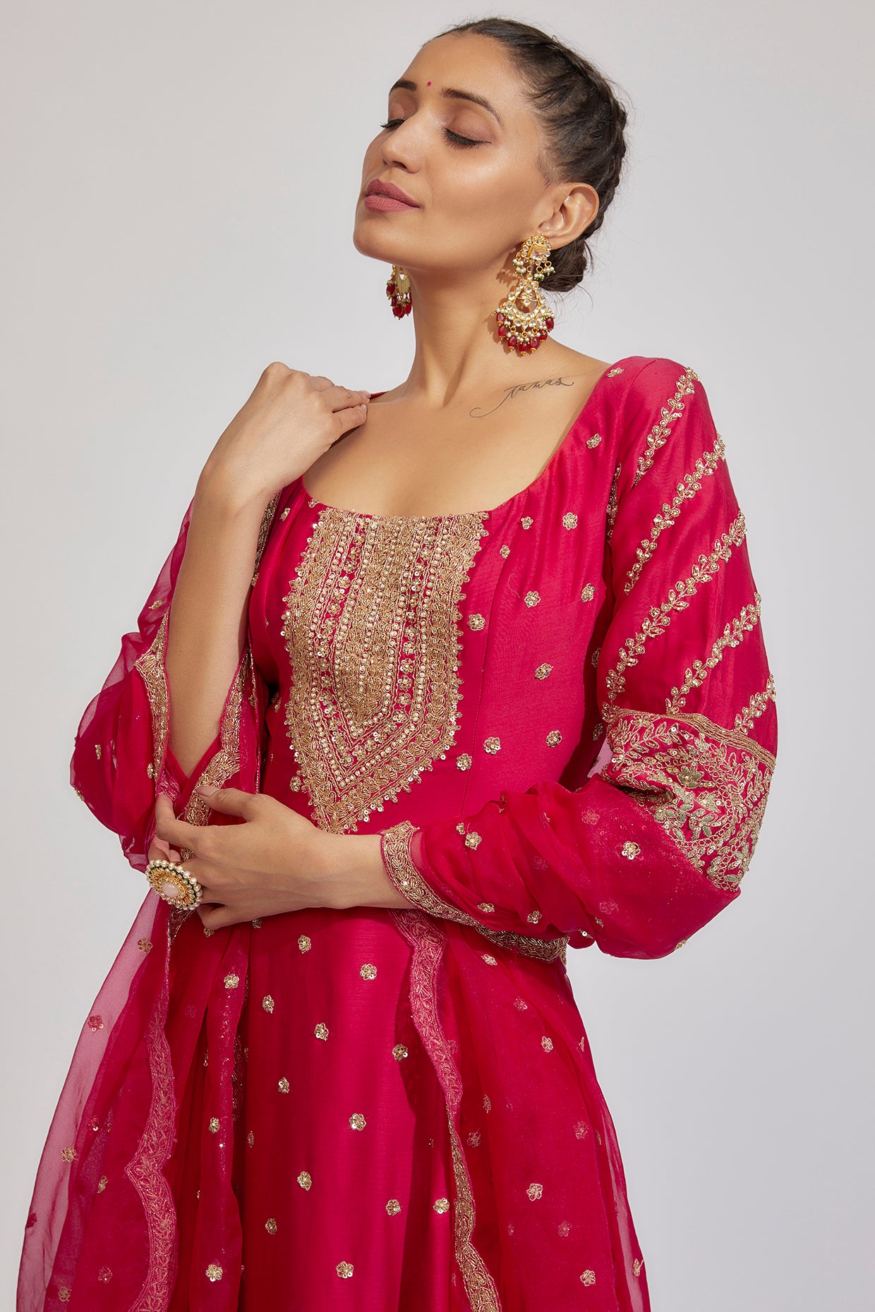 pink chanderi embroidered anarkali set