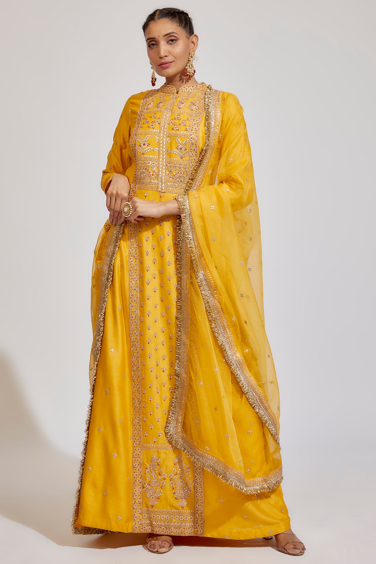 yellow chanderi embroidered anarkali set
