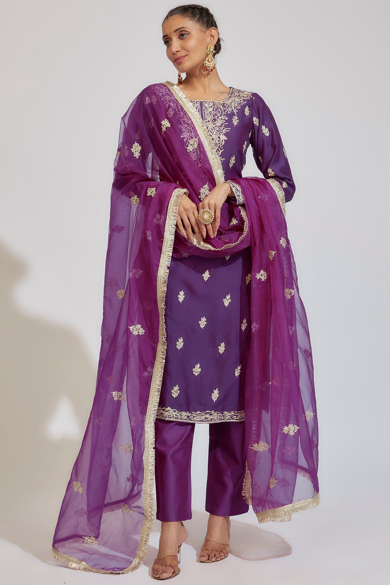 Purple Chanderi Embroidered Kurta Set