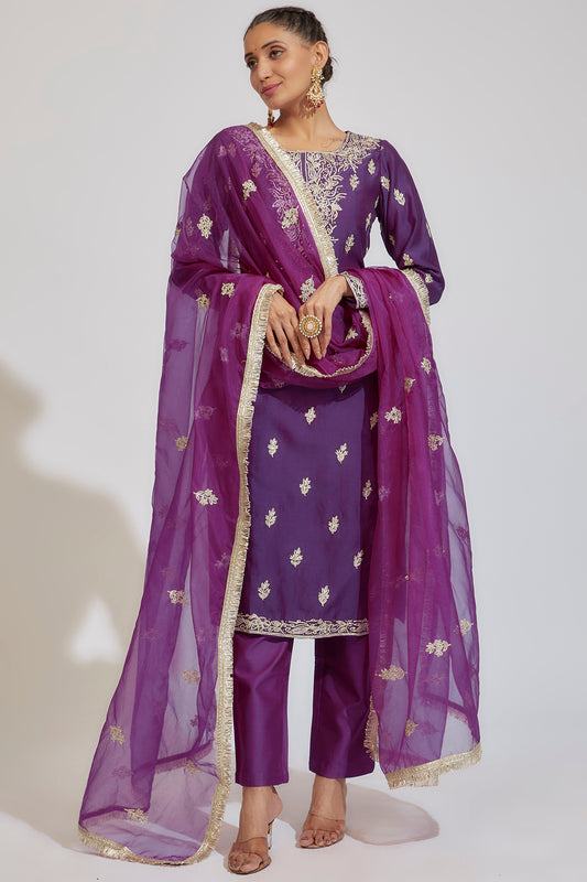 Purple Chanderi Embroidered Kurta Set