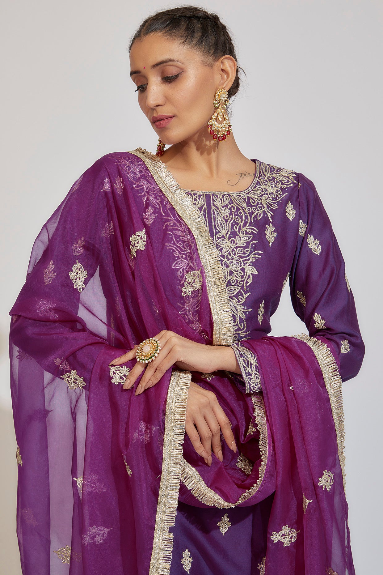 Purple Chanderi Embroidered Kurta Set