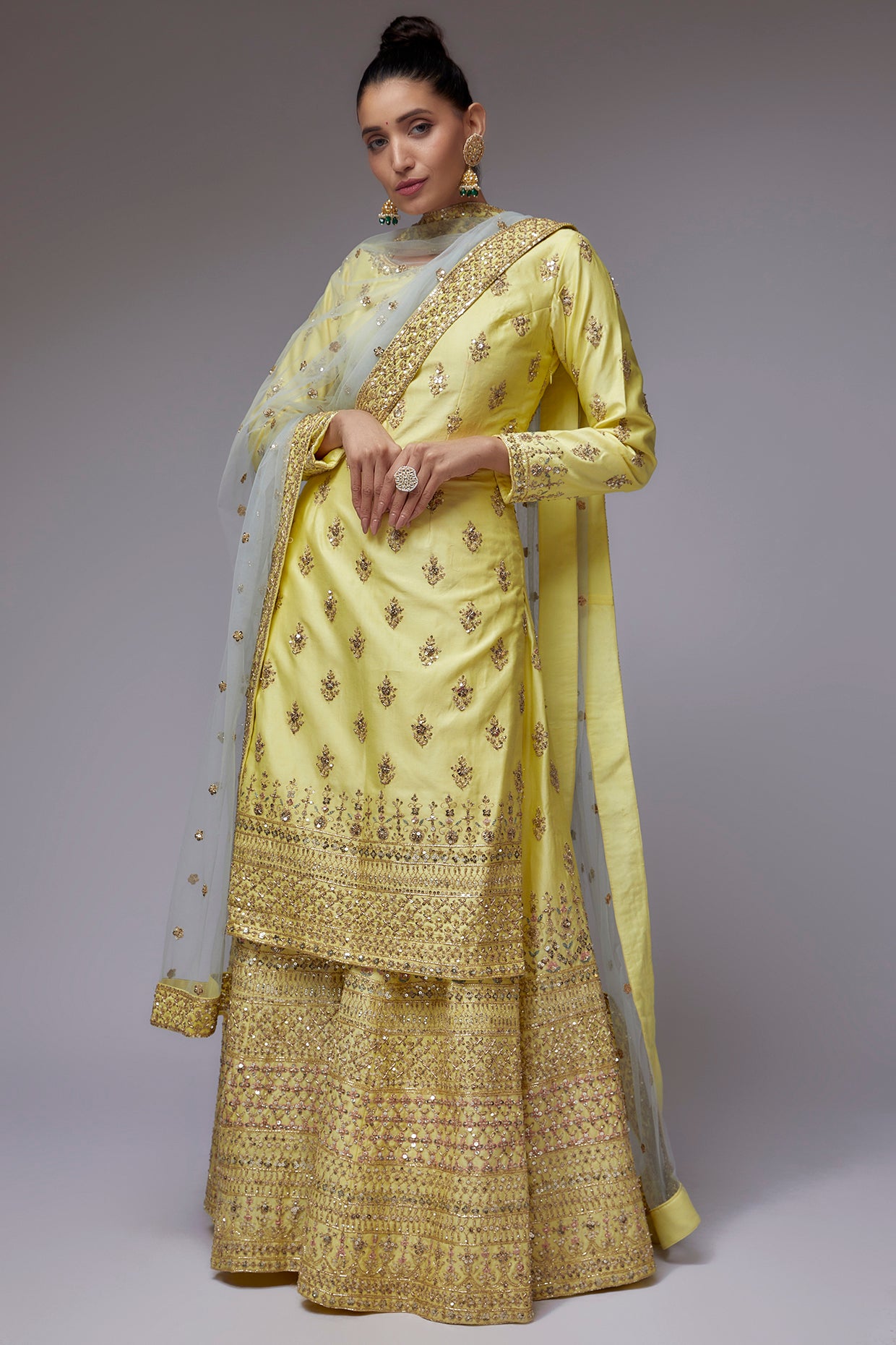 Yellow chanderi embroidered kurta set