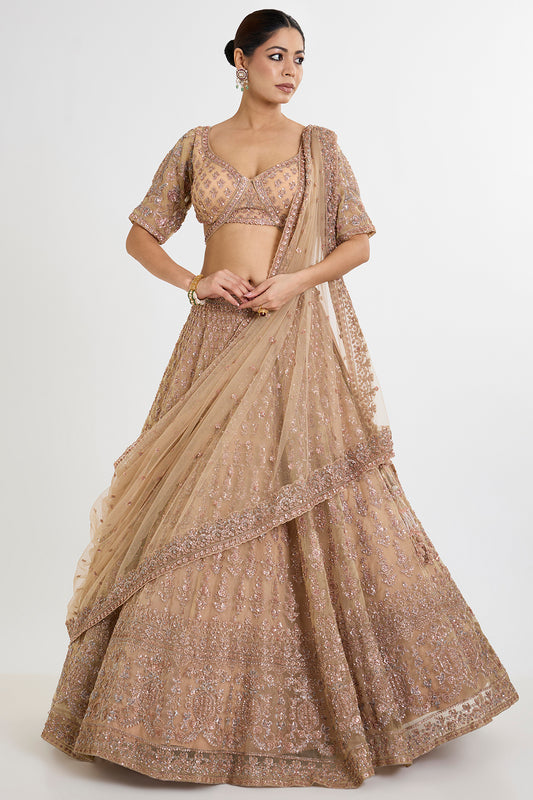 gold organza cutdana & zardosi embroidered lehenga set
