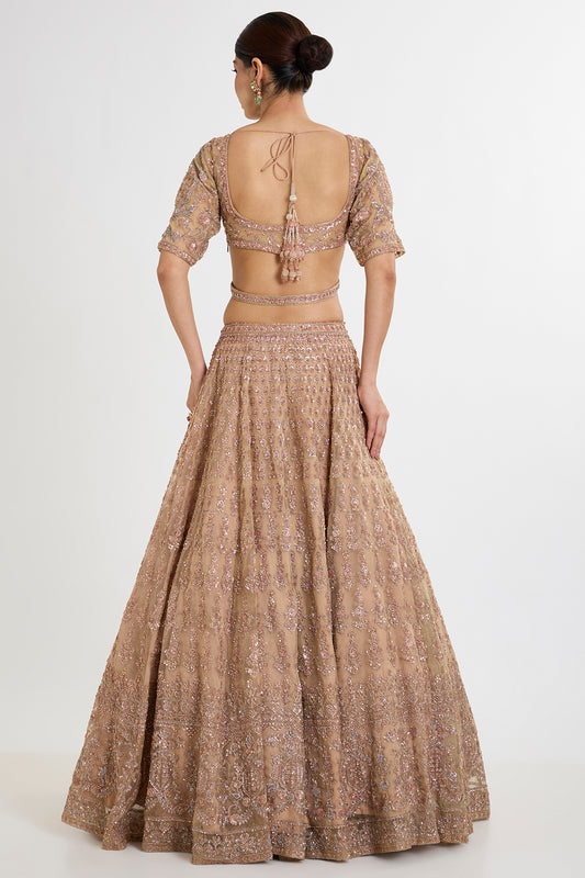 gold organza cutdana & zardosi embroidered lehenga set