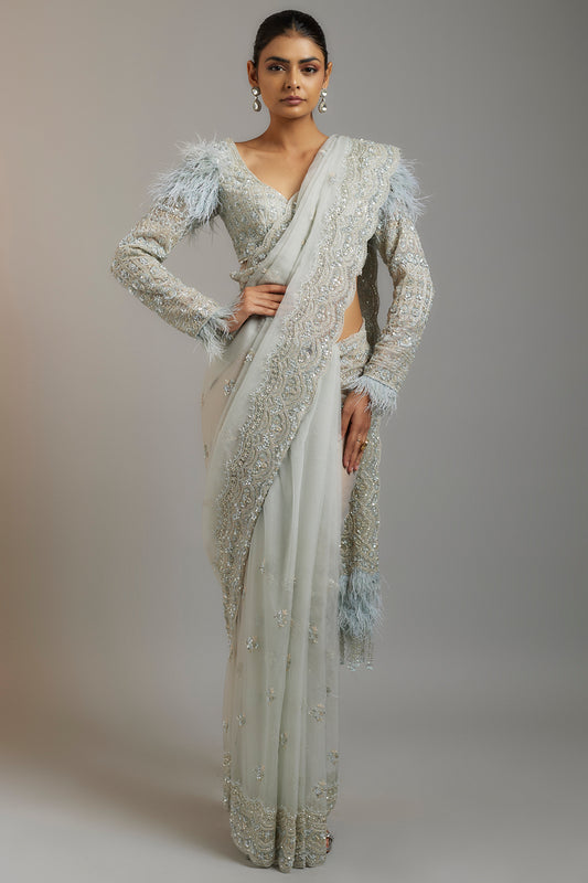 ivory tissue organza sequins embellished saree set