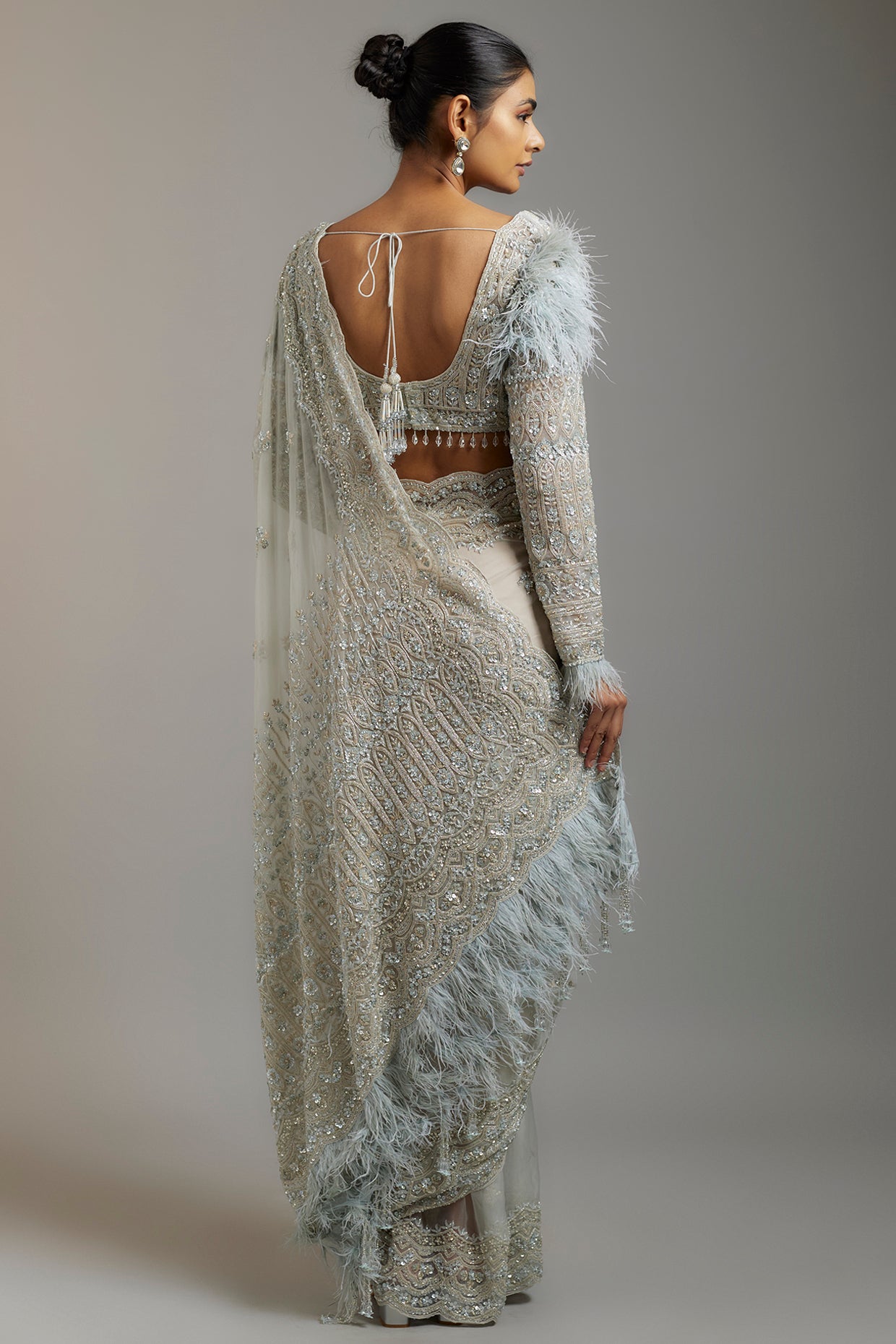 ivory tissue organza sequins embellished saree set