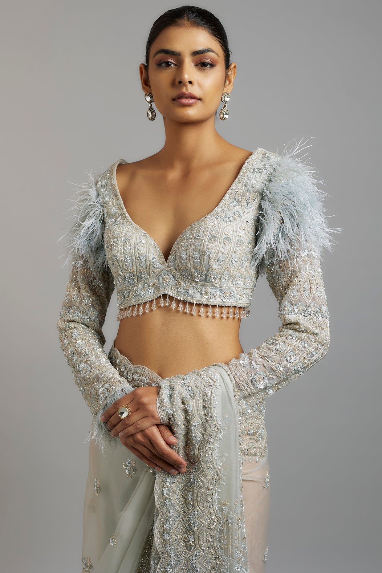 ivory tissue organza sequins embellished saree set