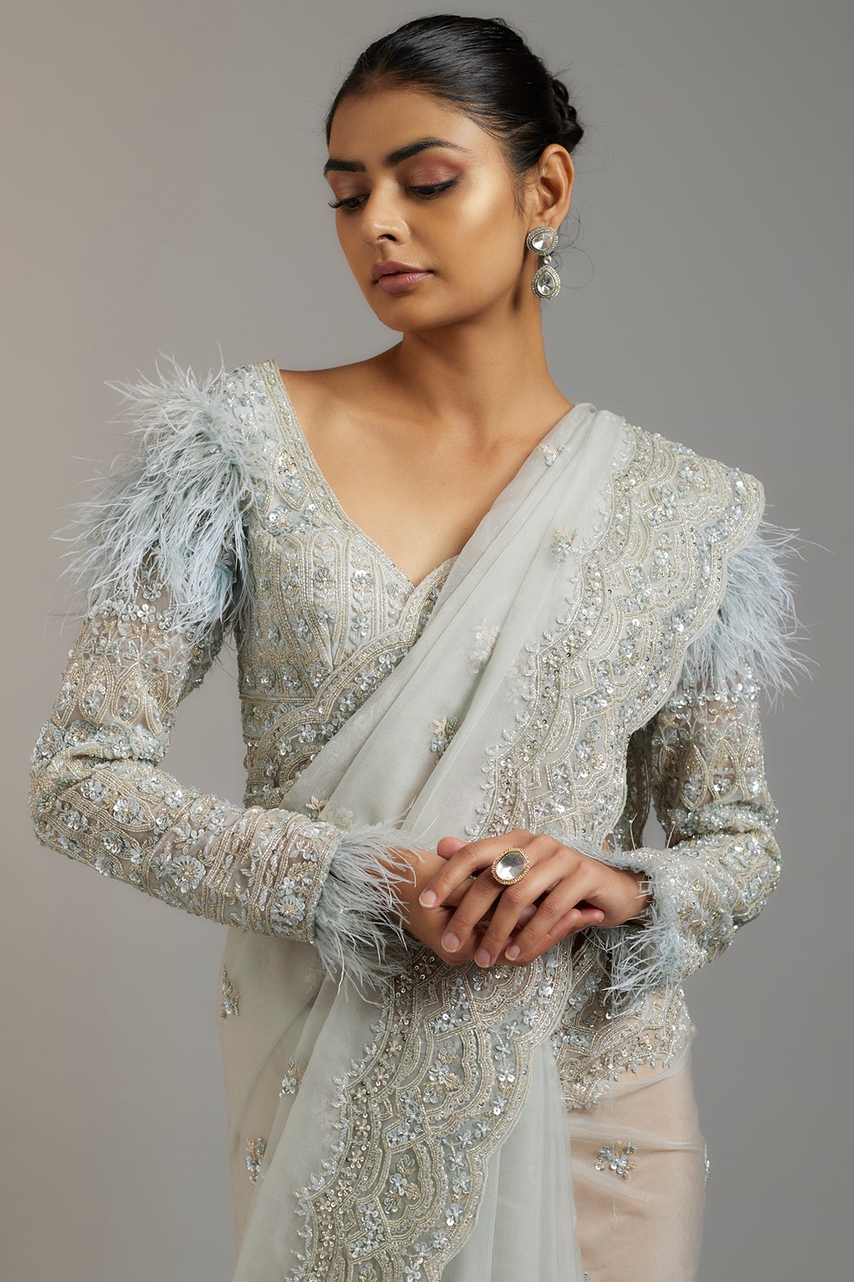 ivory tissue organza sequins embellished saree set