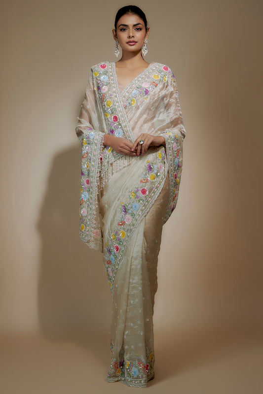 gold tissue organza sequin embellished saree set