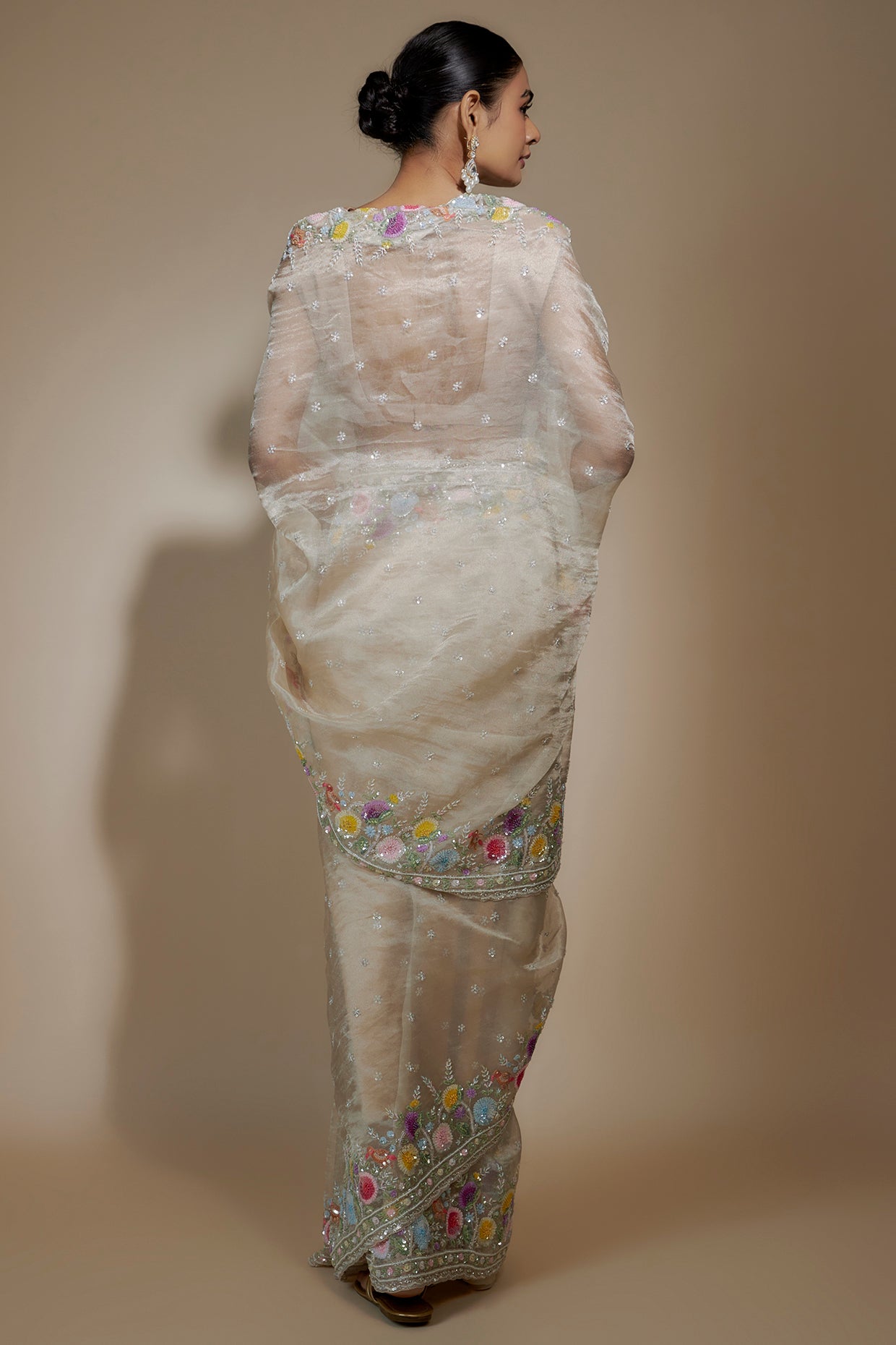 gold tissue organza sequin embellished saree set