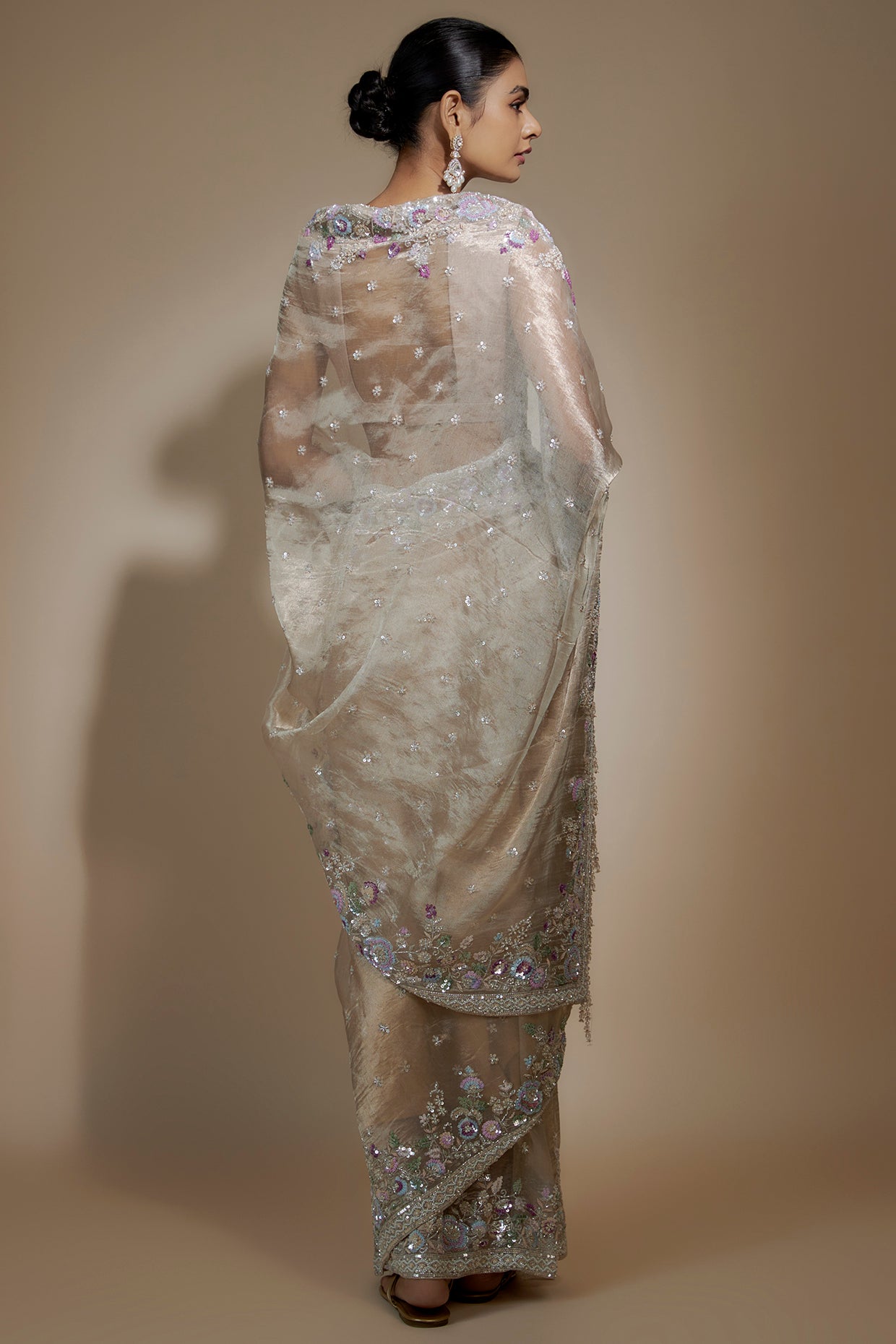 gold tissue organza sequin embellished saree set