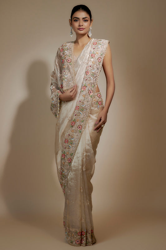 gold tissue organza sequin embellished saree set