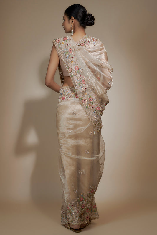 gold tissue organza sequin embellished saree set
