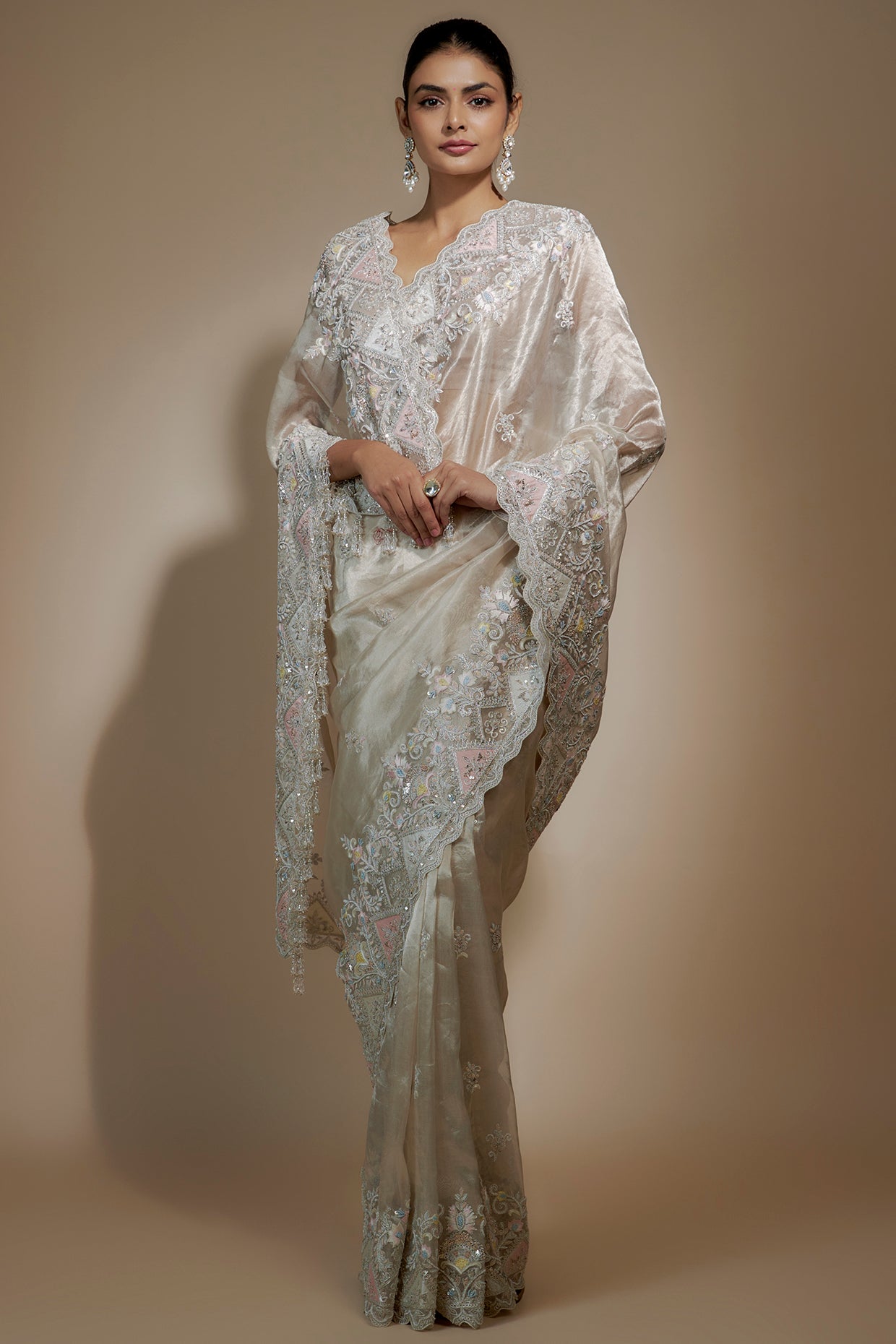 gold tissue organza sequin embellished saree set