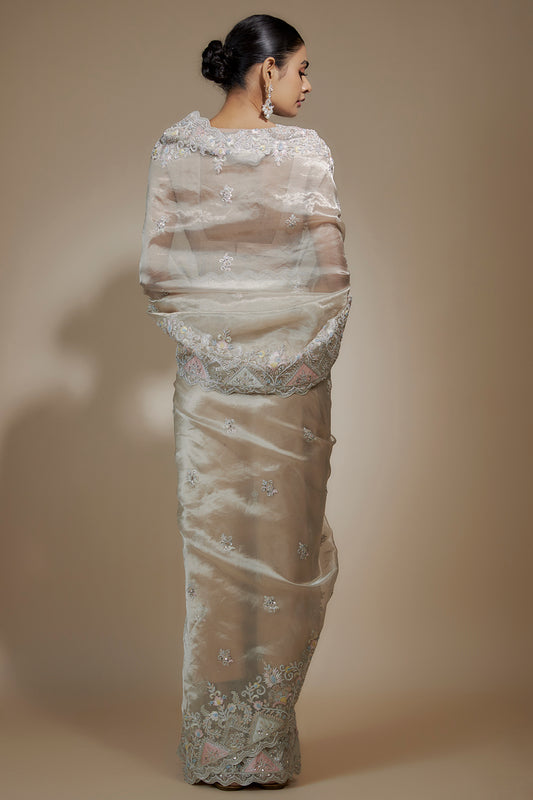 gold tissue organza sequin embellished saree set