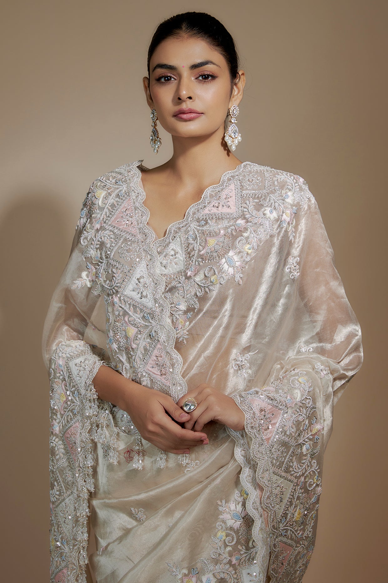 gold tissue organza sequin embellished saree set