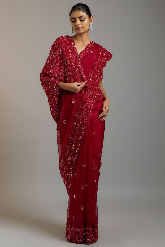 maroon tissue organza sequins embellished saree set