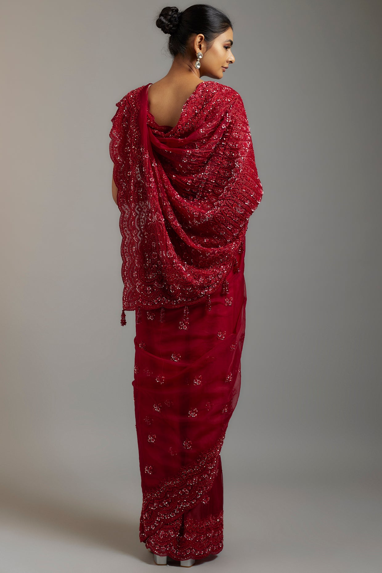 maroon tissue organza sequins embellished saree set