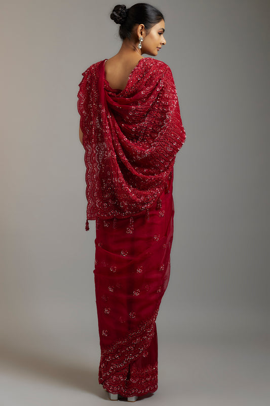 maroon tissue organza sequins embellished saree set
