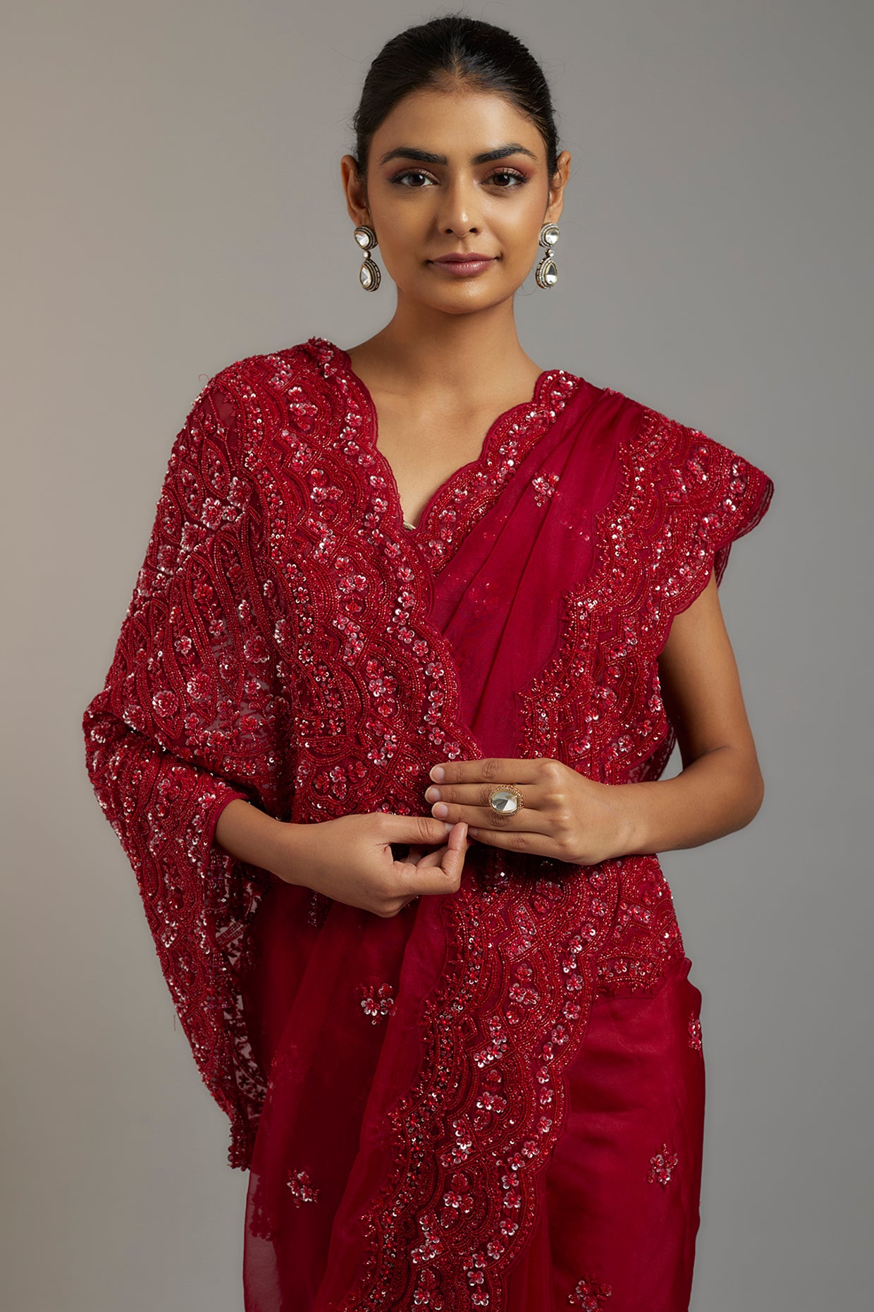 maroon tissue organza sequins embellished saree set
