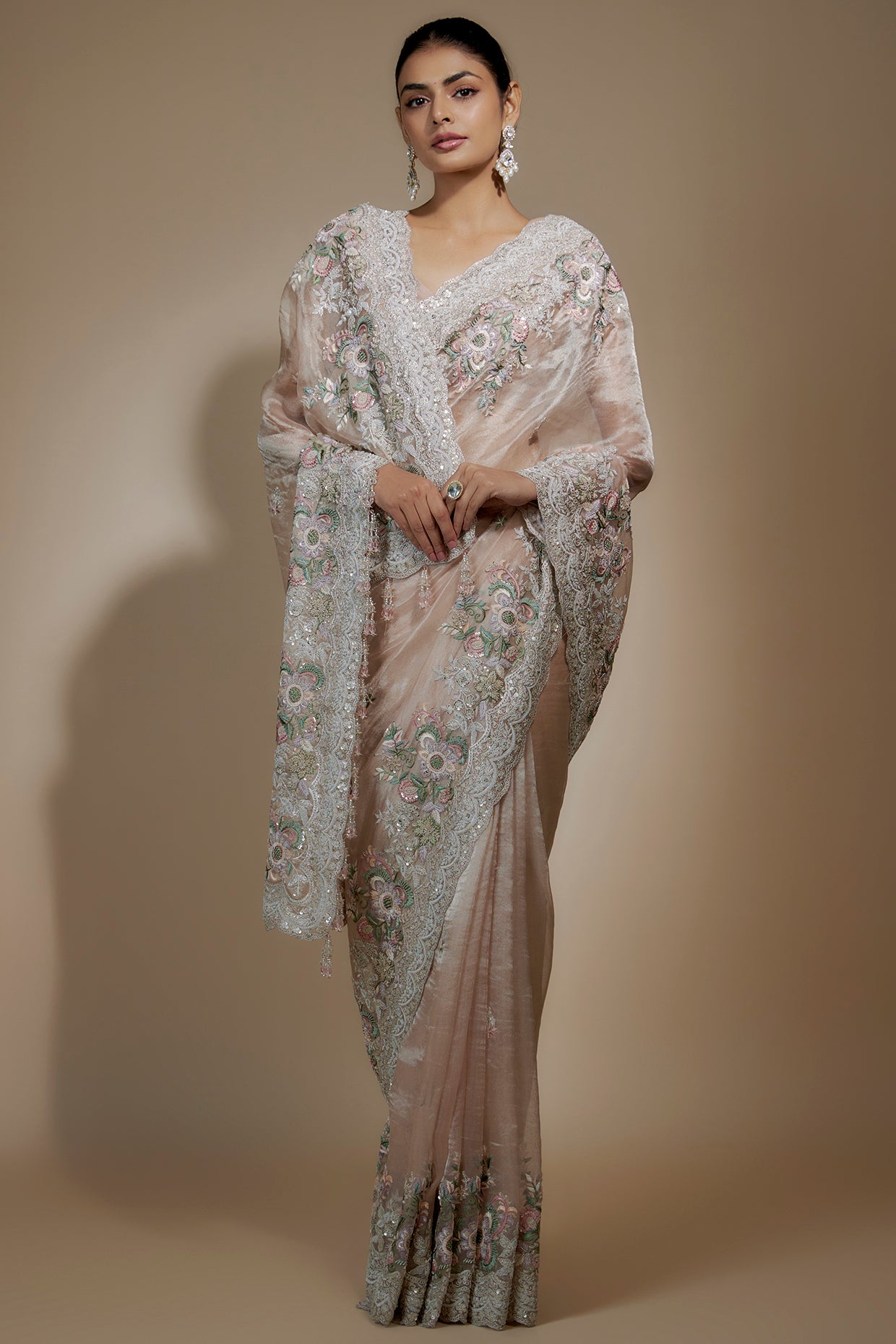 peach tissue organza sequin embellished saree set