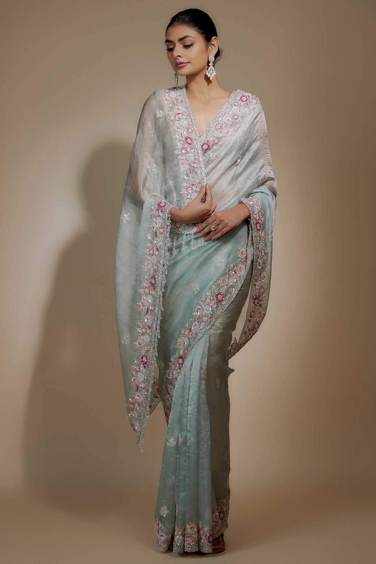 ice blue tissue organza sequin embellished saree set
