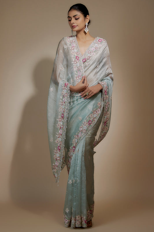 ice blue tissue organza sequin embellished saree set