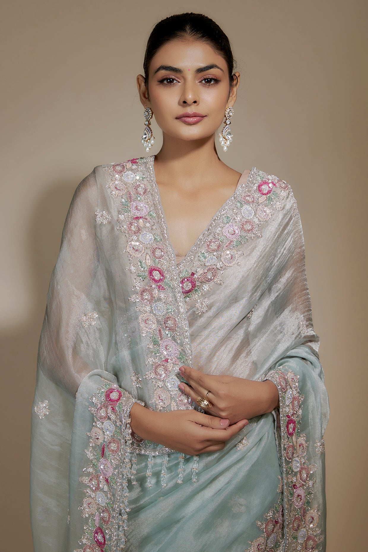 ice blue tissue organza sequin embellished saree set